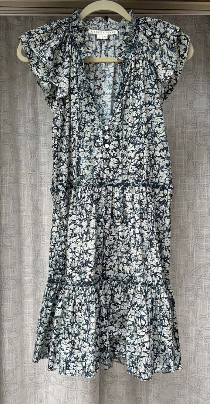 Veronica Beard Zee Dress Size 6 Blue Cream Cotton Mini